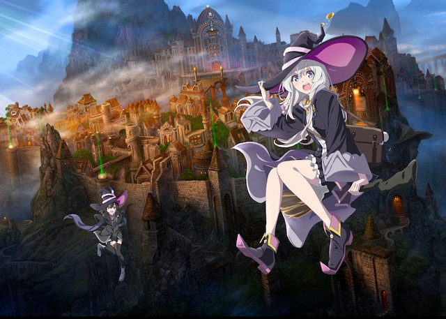 Gambar teaser untuk anime TV Majo no Tabitabi mendatang, alias The Journye of Elaina, menampilkan penyihir Elaina dan temannya yang mengendarai sapu dari kota berdinding gothic.