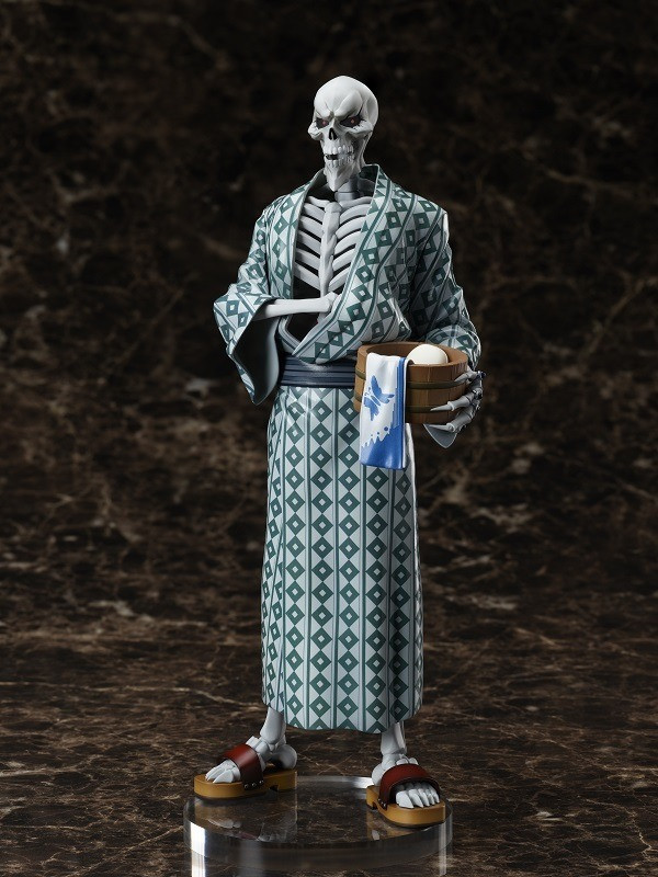 Tuan 1/8 skala yukata angka gambar pahlawan 3 Gambar promosi dari Ainz Ooal Gown 1/8 skala yukata figure, menampilkan undead lich overlord Ainz Ooal Gown mengenakan kimono dan sandal musim panas sambil membawa bak kayu berisi sabun, handuk, dan perlengkapan mandi.