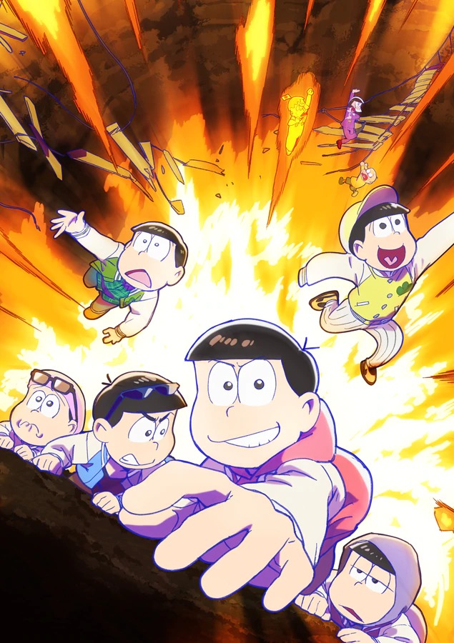 Visual utama untuk season ketiga Mr. Osomatsu TV, menampilkan enam saudara kandung Matsuno yang berpegangan pada sisi tebing dan berusaha untuk tidak jatuh ke dalam gunung berapi aktif.