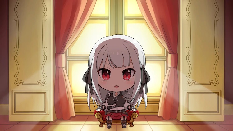 Gambar dari anime web mini Eiyuu-ou yang akan datang, Bu wo Kiwameru jinak Tensei su, ~ Soshite Sekai Saikyou no Minarai Kishi♀ ~ anime web mini, menampilkan pahlawan wanita, Inglis, dalam bentuk chibi duduk di atas takhta kecil.