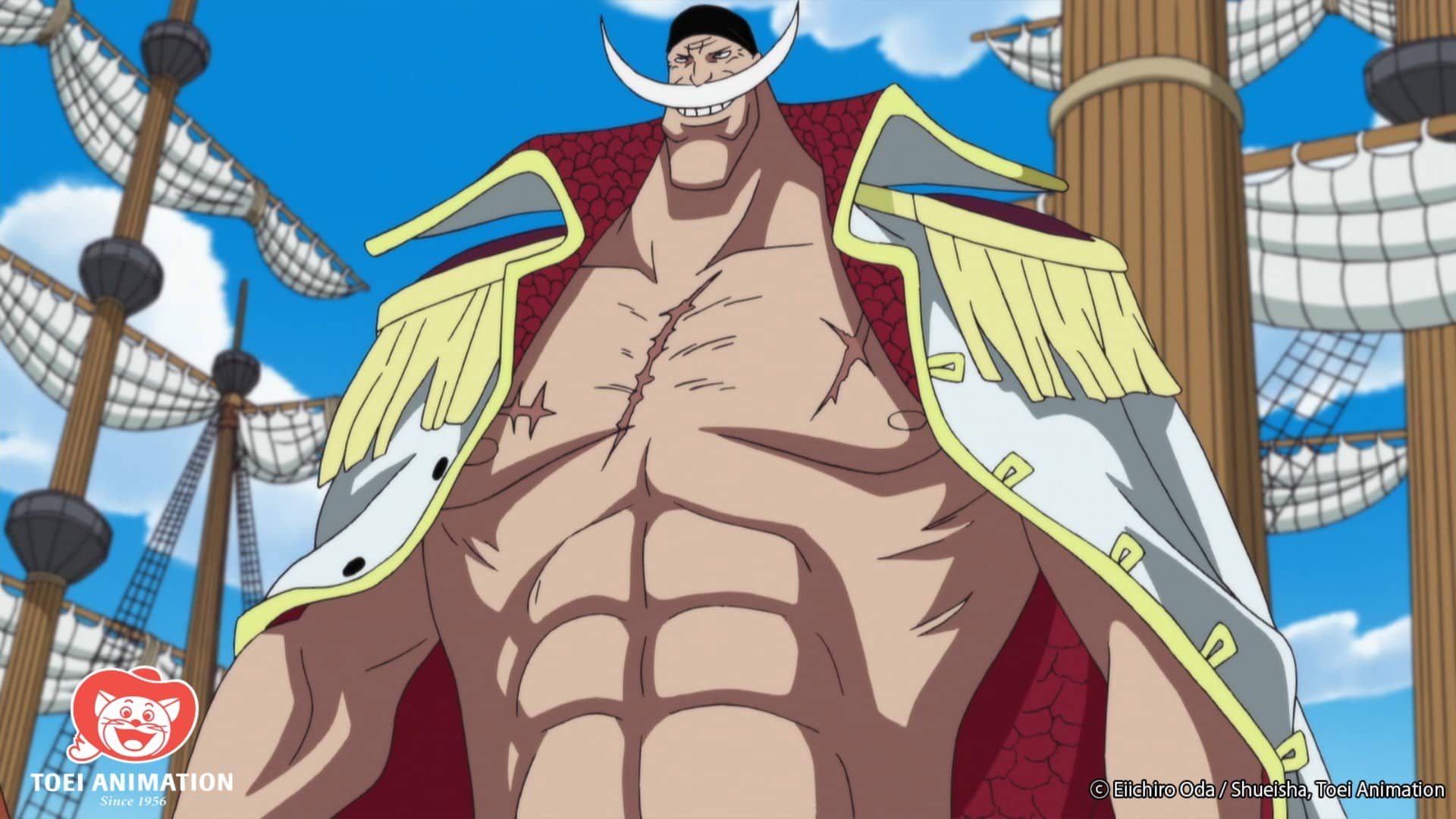 Shirohige menghadapi Angkatan Laut di Pertempuran Marineford dalam sebuah adegan dari anime One Piece TV.