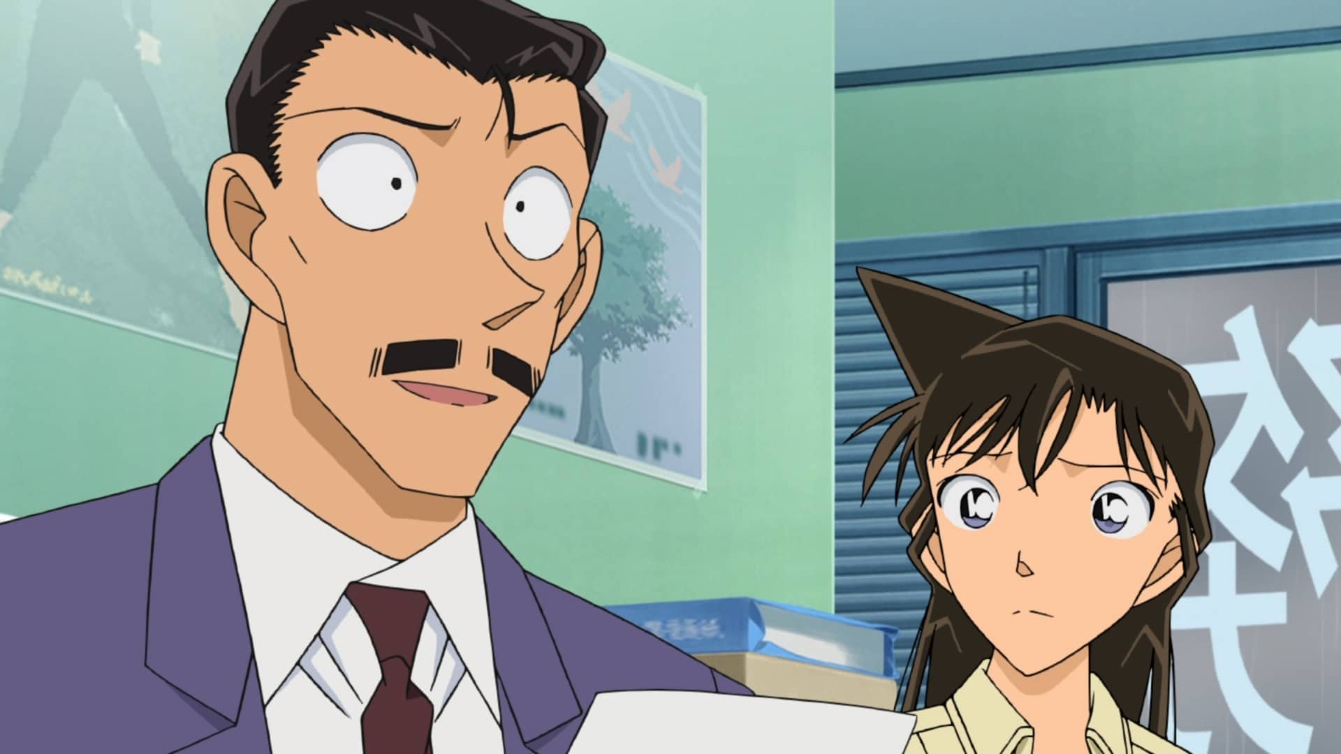 kumis karakter anime Kogori Mori mencoba menghibur klien potensial dalam sebuah adegan dari anime TV Case Closed / Detective Conan.
