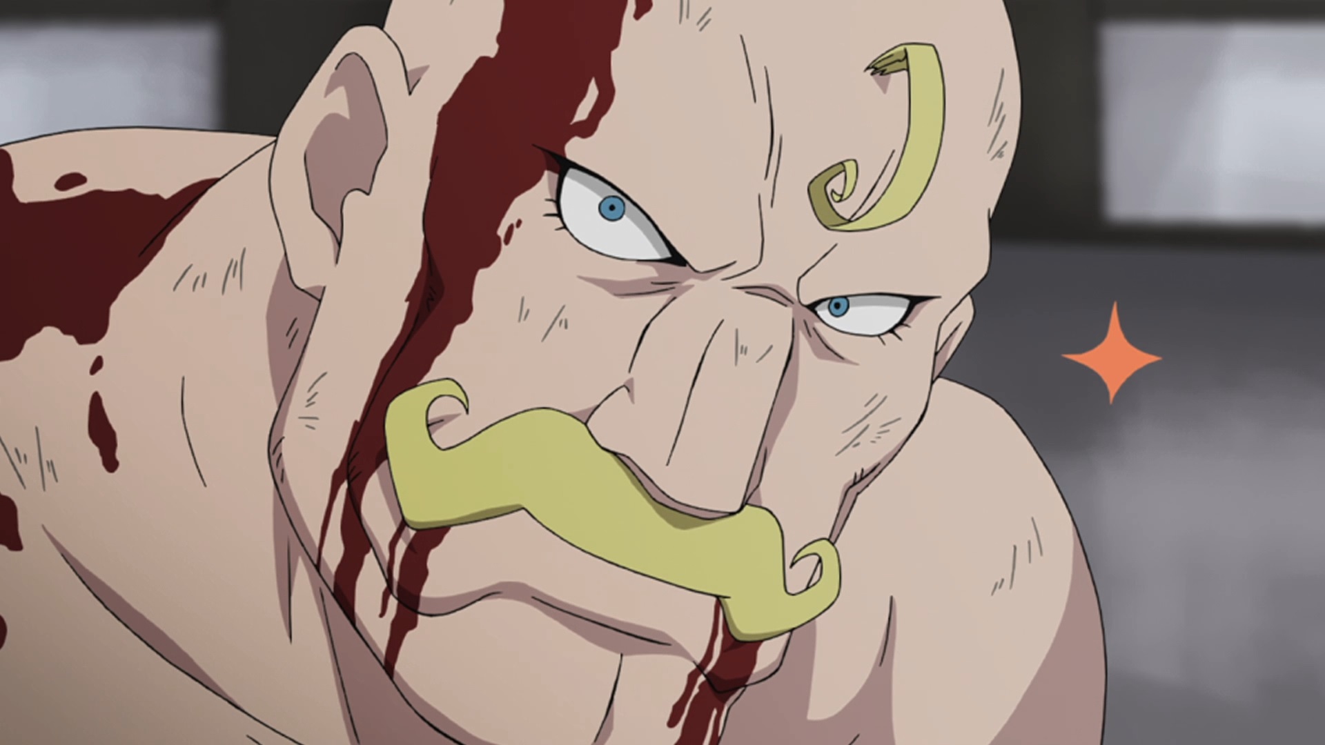 Meski babak belur dan berlumuran darah, Alex Louis Armstrong memperbaiki wajahnya dengan senyuman sangar dan tekad gemerlap dalam sebuah adegan dari anime TV Fullmetal Alchemist.
