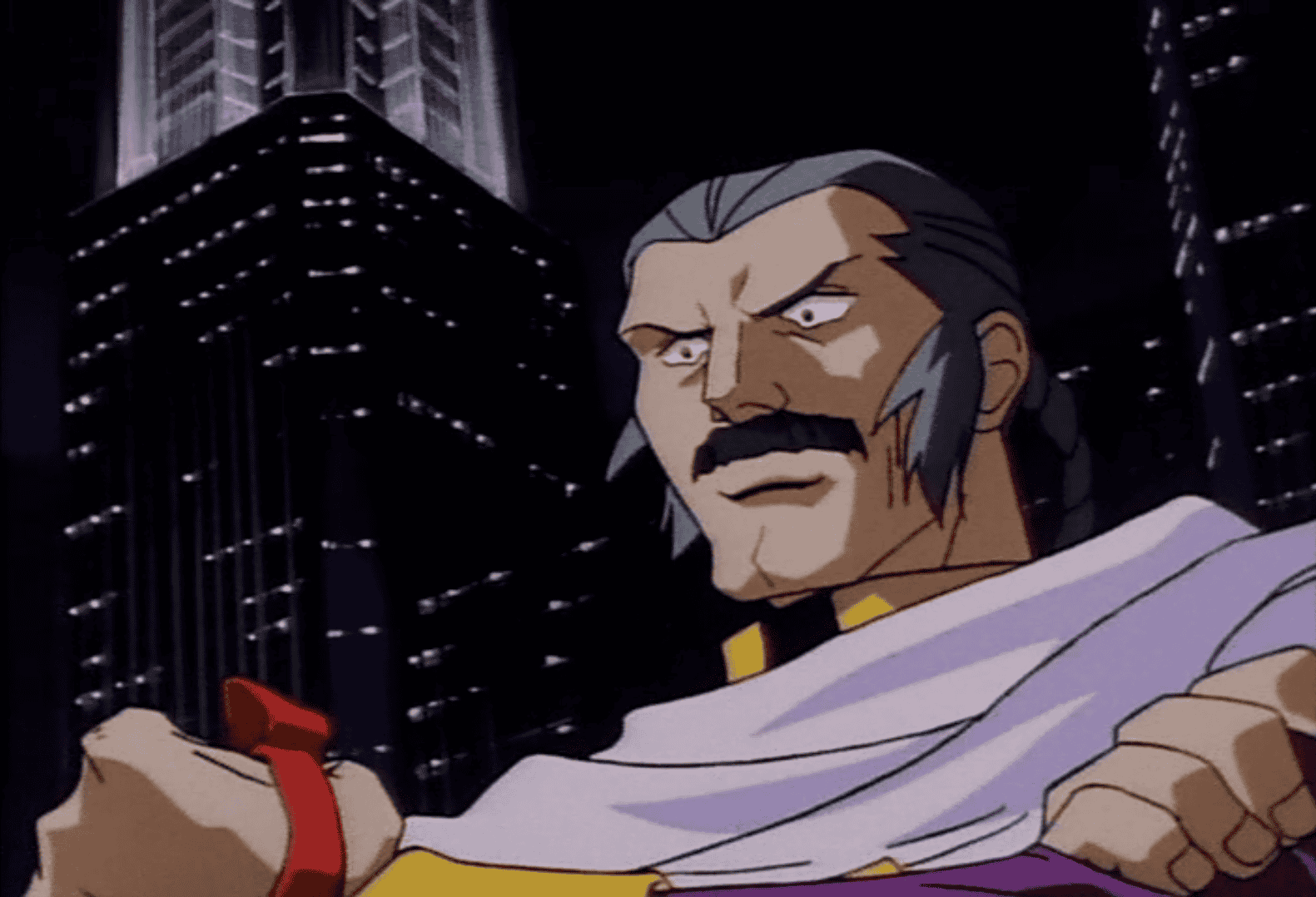 Master Asia tampil secara dramatis dalam adegan dari anime Mobile Fighter G-Gundam TV.