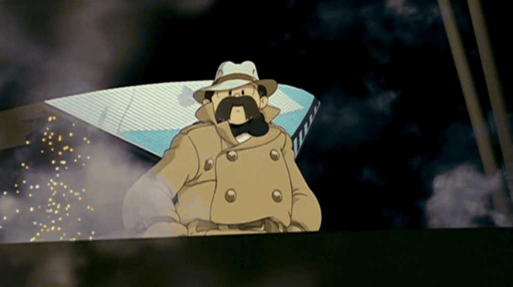 kumis karakter anime Shunsaku Ban mengamati kota dari balon udara dalam sebuah adegan dari film anime teater Metropolis tahun 2001.