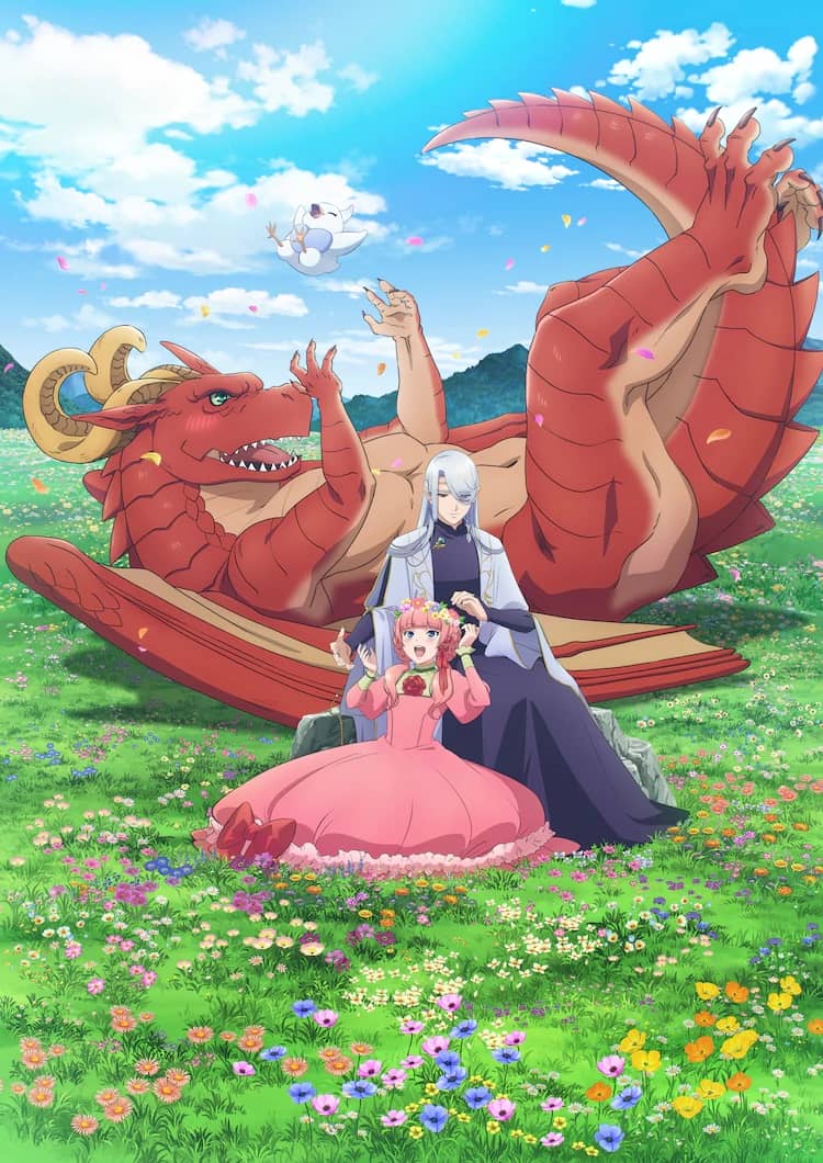 Visual utama baru untuk anime TV Dragon Goes House-Hunting mendatang, menampilkan karakter utama bermain-main di bidang yang dipenuhi bunga.