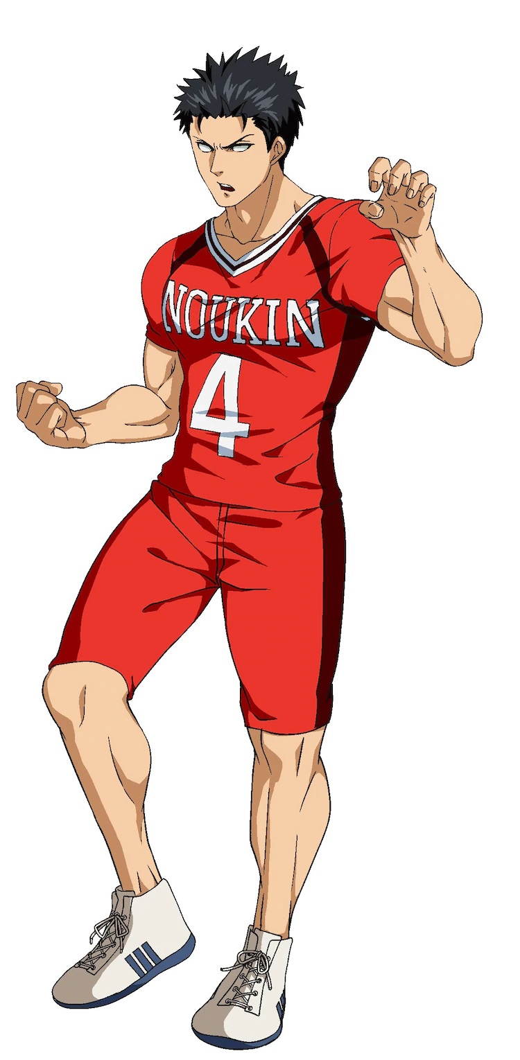 Setting karakter Shinji Date, anggota klub kabaddi Sekolah Menengah Noukin dengan fisik berotot dan ekspresi yang intens, dari anime TV Burning Kabaddi mendatang.
