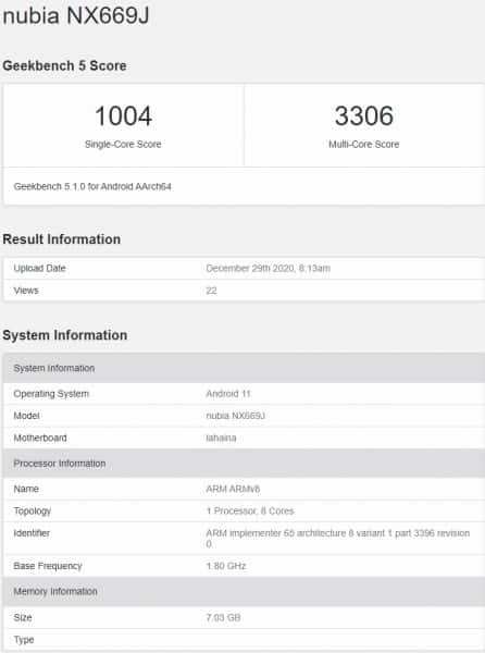 Smartphone nubia dengan Snapdragon 888 muncul di Geekbench