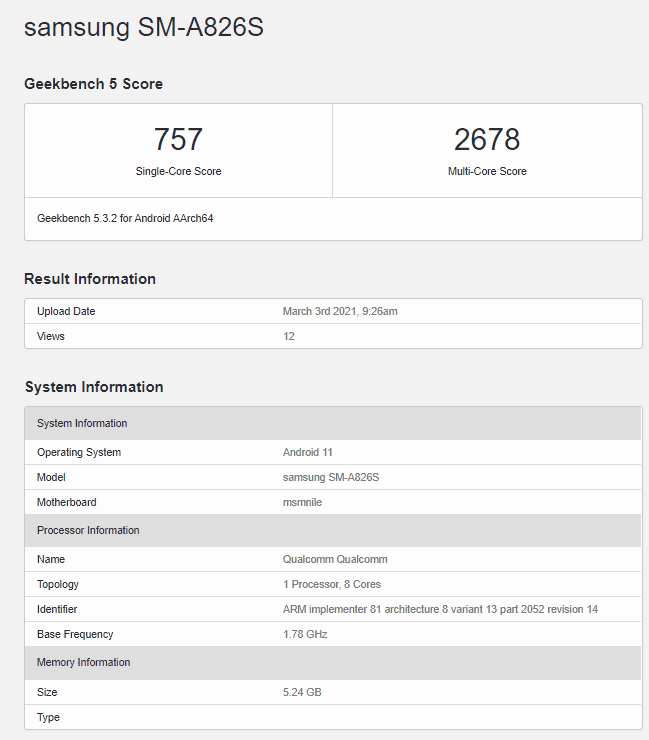 Galaxy A82 Geekbench